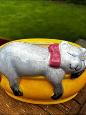 Ceramic Sleeping Cat Planter in Yellow and Gray with Pink Collar